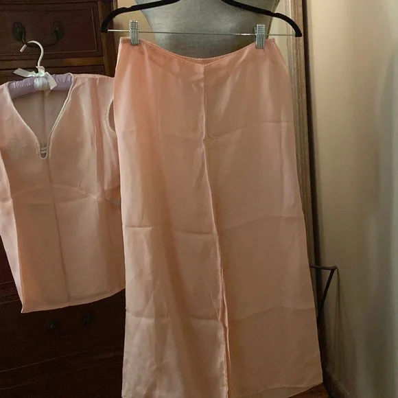 Vintage Little Duchess lounge pj set peach silk small crop pant high rise - Picture 5 of 12